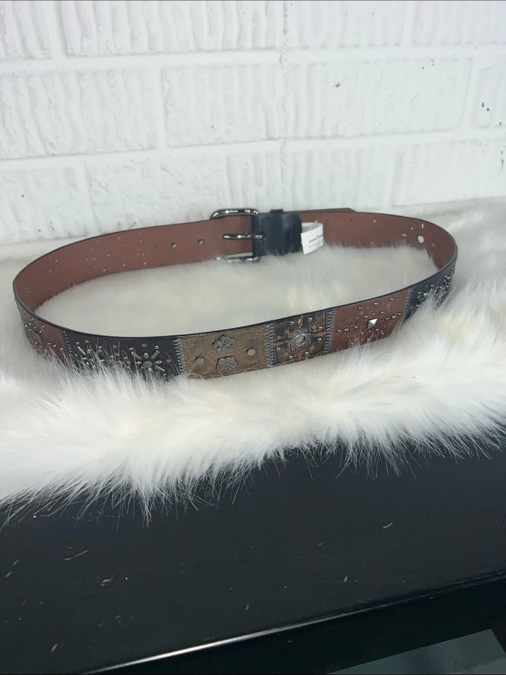 Fossil Vintage Midnight Patchwork Black Multi Belt Y2K Size Medium
